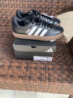 adidas Black Sneakers with White Stripes and Brown Gum Sole